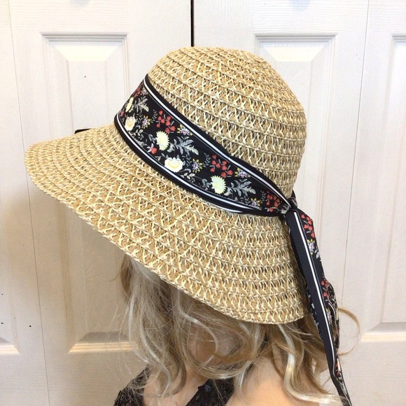 Marcus Adler New York Womens Boho Black Floral Scarf Straw Bucket Sun Hat main image 7